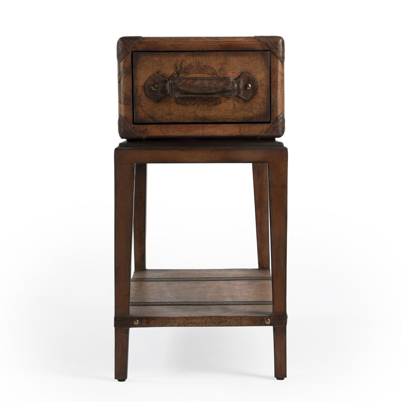 Old World Map End Table With Drawer And Shelf - Brown