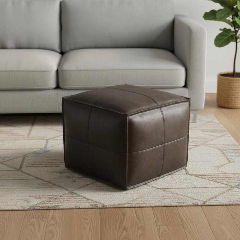Bohemian Leather Pouf Ottoman - Brown