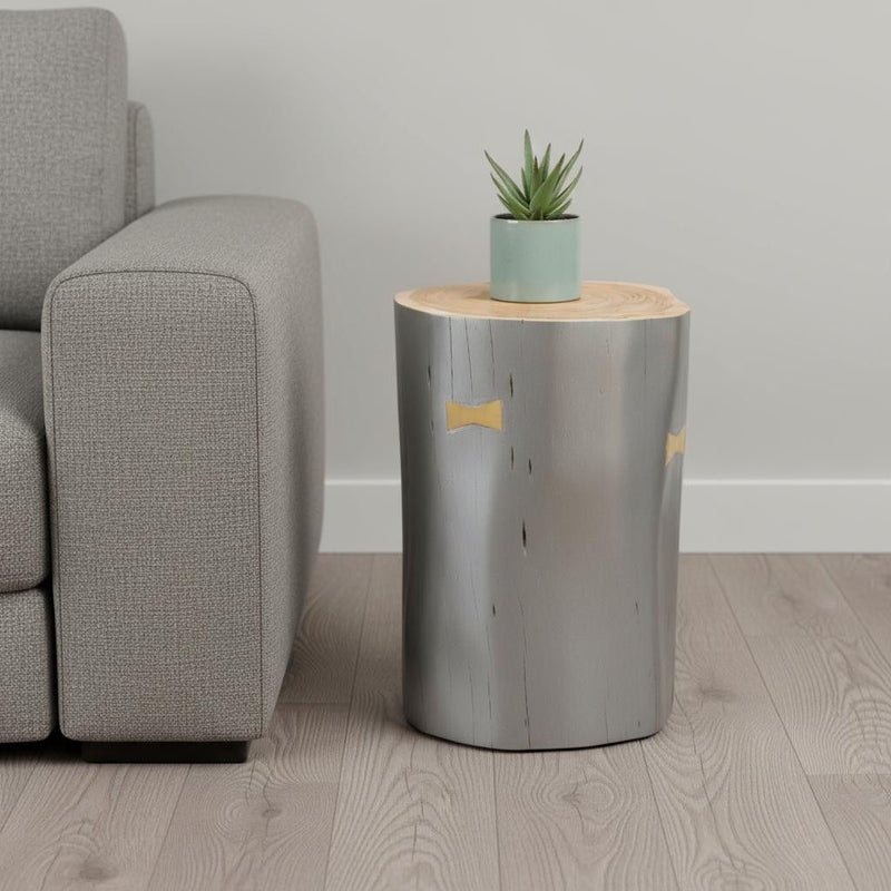 Solid Wood Round Drum End Table - Gray