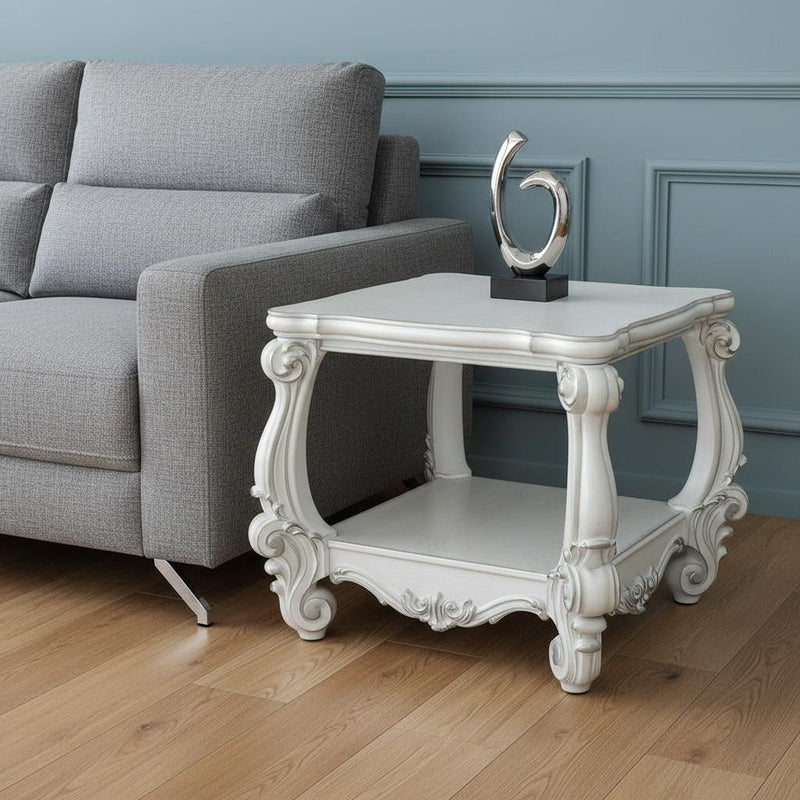 Manufactured Wood Square Scroll End Table With Shelf - Antiqued White