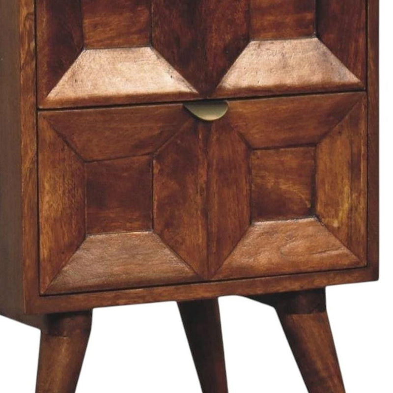 Solid Wood Carved Geometric Two Drawer Nightstand - Chestnut