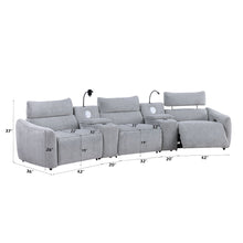 Load image into Gallery viewer, Fullar - Modular Power Motion Sectional Sofa With Console, 2 Wireless Chargers, 4 Cupholders, And 2 Speakers, 1 Phone Holder And 1 Reading Light, Adjustable Headrest - Light Gray
