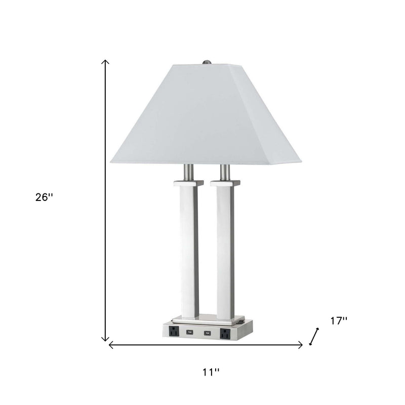 Metal Two Light Desk USB Table Lamp With White Novelty Shade - Nickel