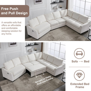 129.5" Sectional Sleeper Sofa with Pull-Out Bed Modern L-Shape Couch Bed with USB Charging Port for Living room, Bedroom, Beige