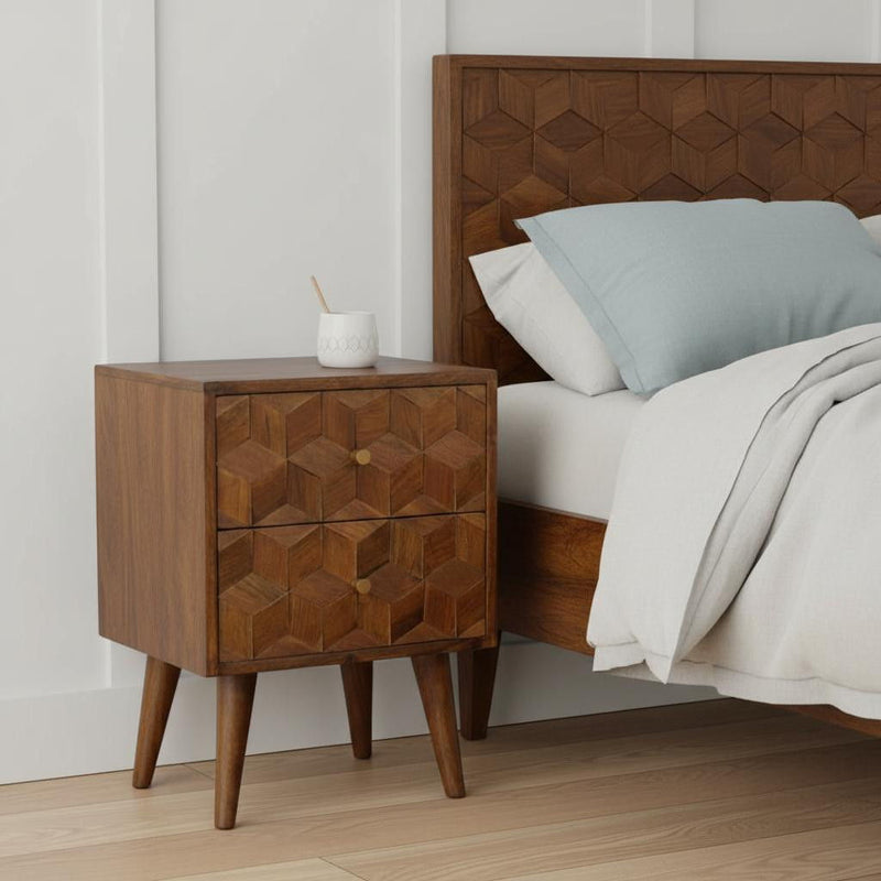 22" Wood Carved Geometric Two Drawer Nightstand - Chestnut