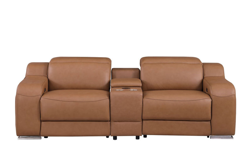 Italian Leather Power Reclining Loveseat With Storage (633759) - Cognac / Silver