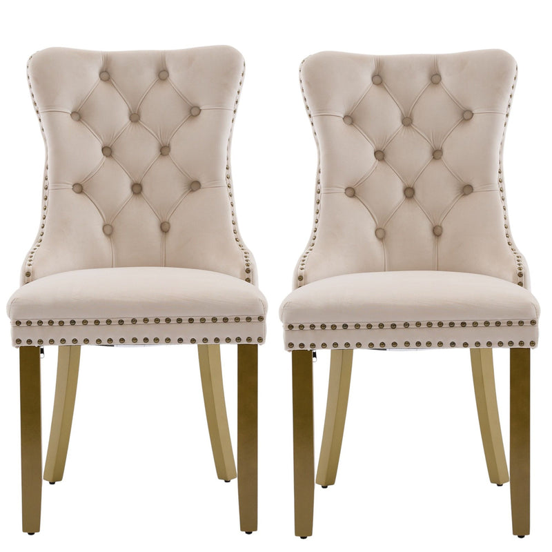 Tufted Solid Wood Dining Side Chairs (Set of 2) - Beige / Gold