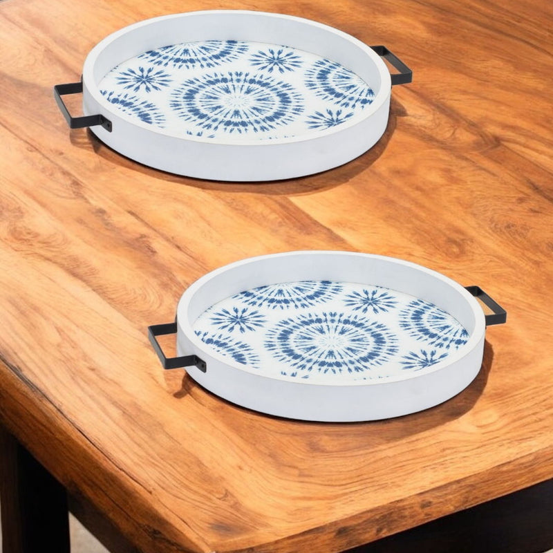 Round Solid Wood Vanity Tray With Handles (Set of 2) - Blue