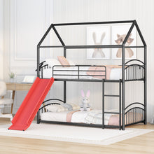 Load image into Gallery viewer, Twin Over Twin Metal Bunk Bed With Slide,Kids House Bed Black+Red
