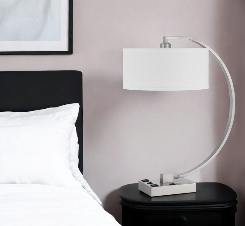 Metal Lantern Desk USB Table Lamp With White Shade - Nickel