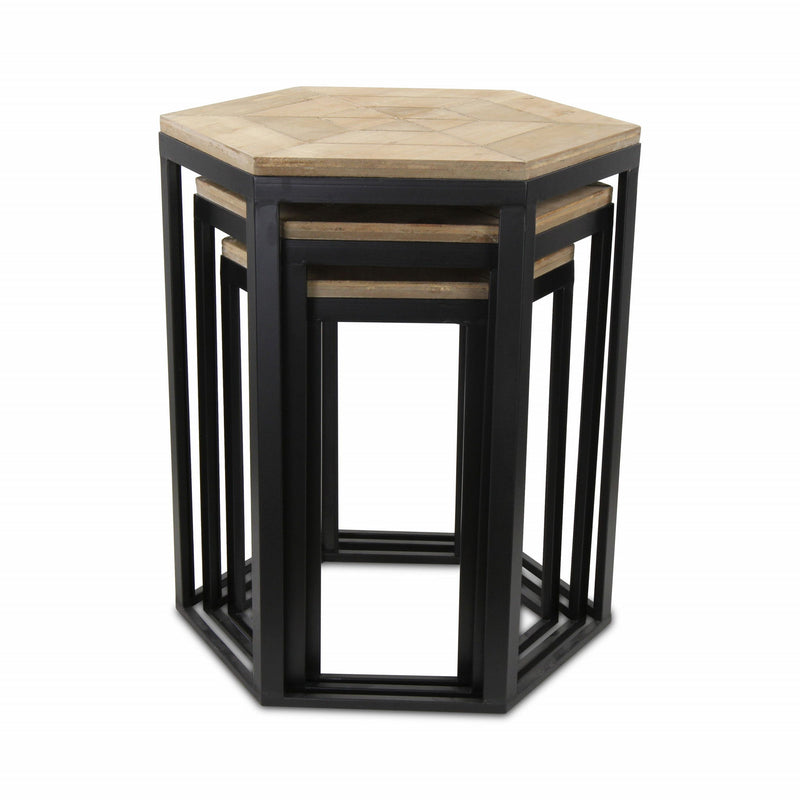 Solid Wood And Steel Hexagon Nested Tables (Set of 3) - Black And Brown