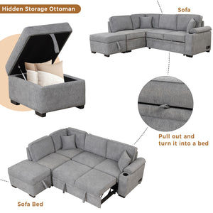 87.4" Sleeper Sofa Bed,2 in 1 Pull Out sofa bed L Shape Couch with Storage Ottoman for Living Room,Bedroom Couch and Small Apartment, Gray