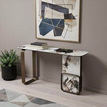 Load image into Gallery viewer, Ceramic Tile Metal Double Pedestal Console Table - White / Bronze
