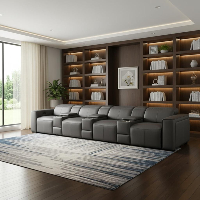 Top Grain Leather Reclining Metal USB Sofa (720423) - Dark Gray