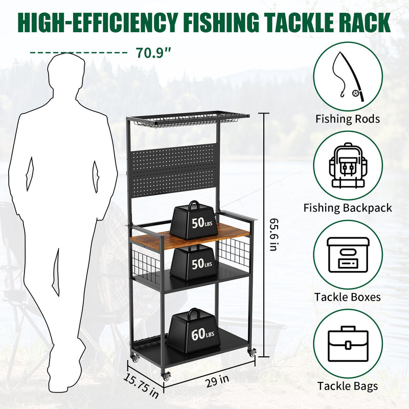 Fishing Rod Storage Rack With Pegboard, Rolling Tackle Organizer Cart - Black
