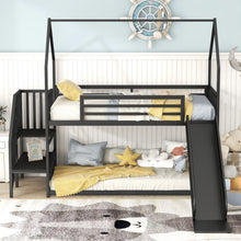 Load image into Gallery viewer, Twin Size Metal Bunk Bed House Bed with Slide and Staircase, Black
