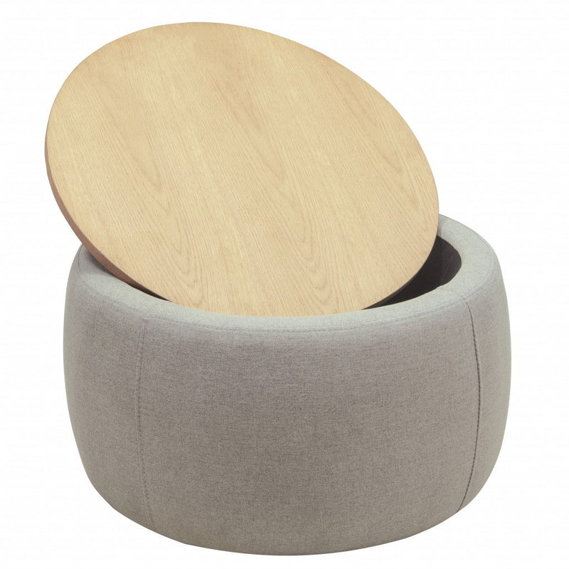 26" Fabric And Wood Reversible Tray Top Round Storage Ottoman - Light Gray