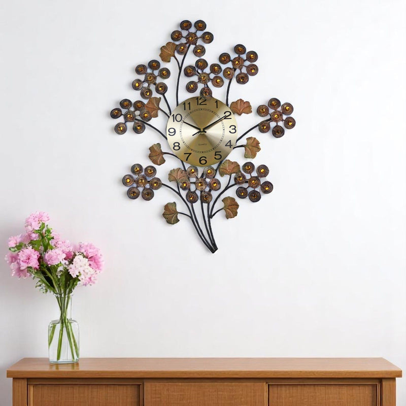 Silent Analog Gingko Floral Wall Clock - Copper / Black