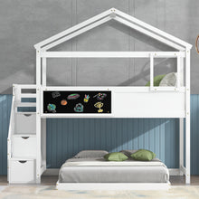 Load image into Gallery viewer, Twin over Full House Bunk Bed with Storage Staircase and Blackboard,White(Old SKU: GX001701AAK)
