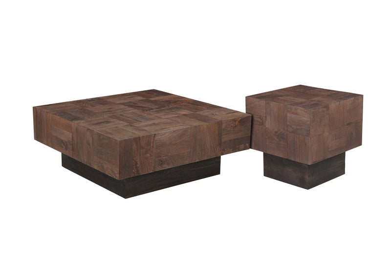 Solid Wood Square Block Coffee Table (Set of 2) - Natural / Brown