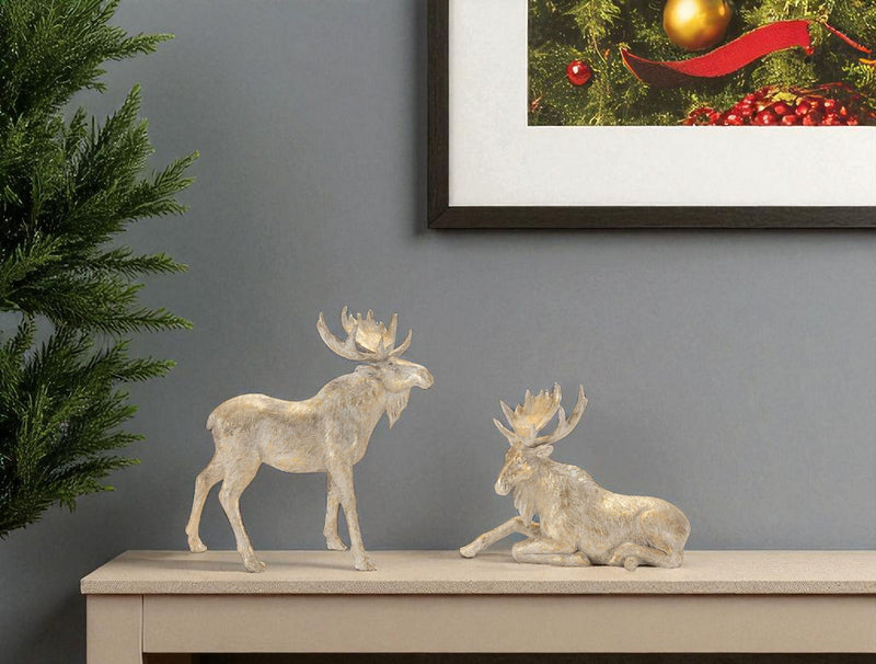 Poly Moose Christmas Figurine (Set of 2) - Gold / Beige