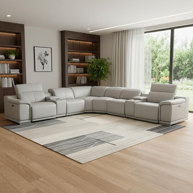Italian Leather Power Reclining Eight Piece Corner Sectional With Console - Light Gray