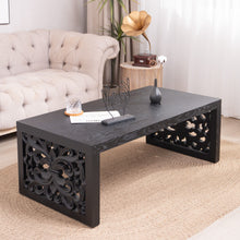 Load image into Gallery viewer, Rustic Carved Wood Coffee Table, Handcrafted Look With Ornate Side Panels
