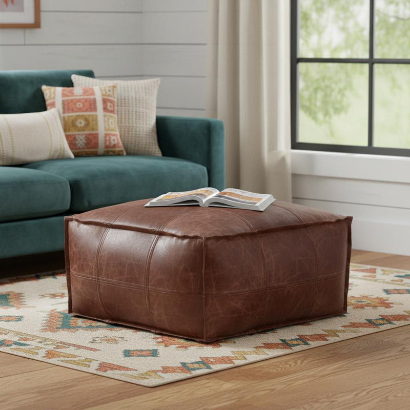 26" Leather Pouf Ottoman - Brown