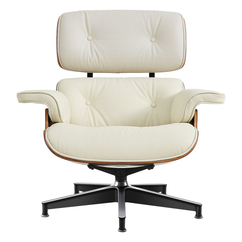 27" Tufted Genuine Leather Swivel Lounge Chair With Ottoman - Off White / Walnut