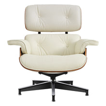 Load image into Gallery viewer, 27" Tufted Genuine Leather Swivel Lounge Chair With Ottoman - Off White / Walnut

