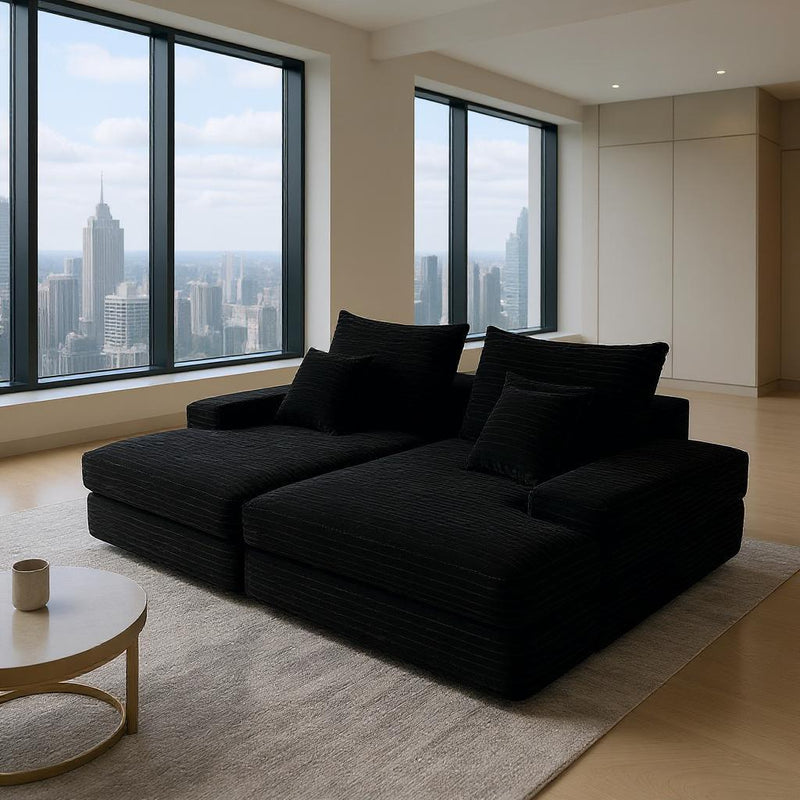 82" Corduroy Modular Sofa Chaise And Toss Pillows - Black