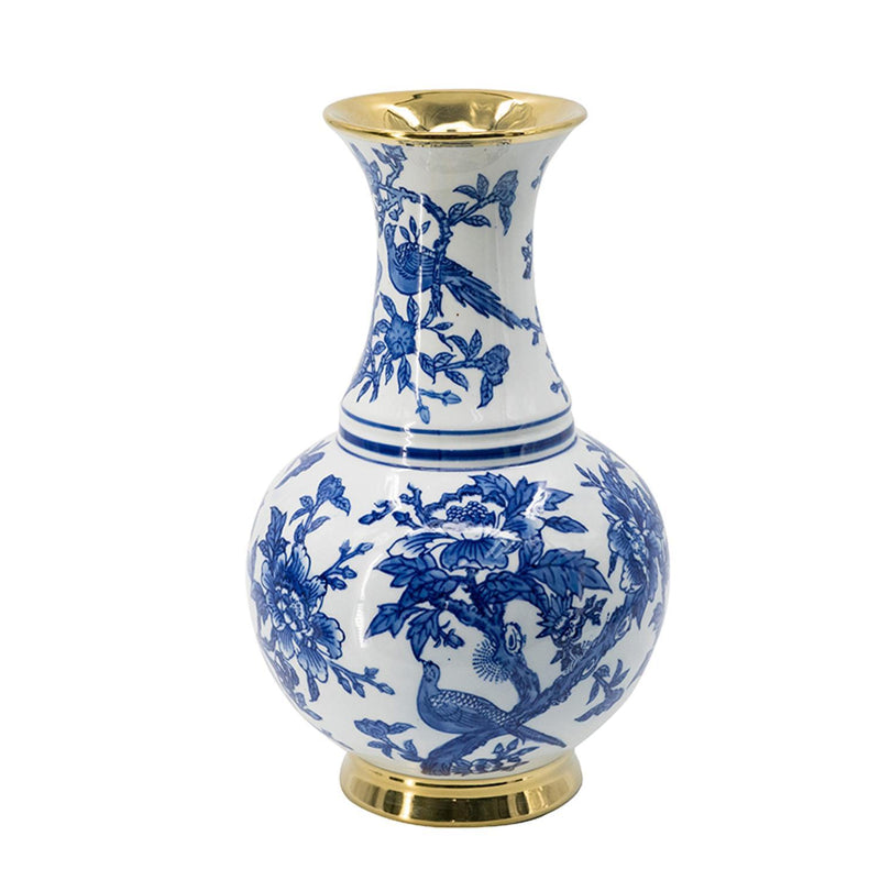 Chinoiserie Floral Porcelain Table Vase (574256) - Blue / Gold / White