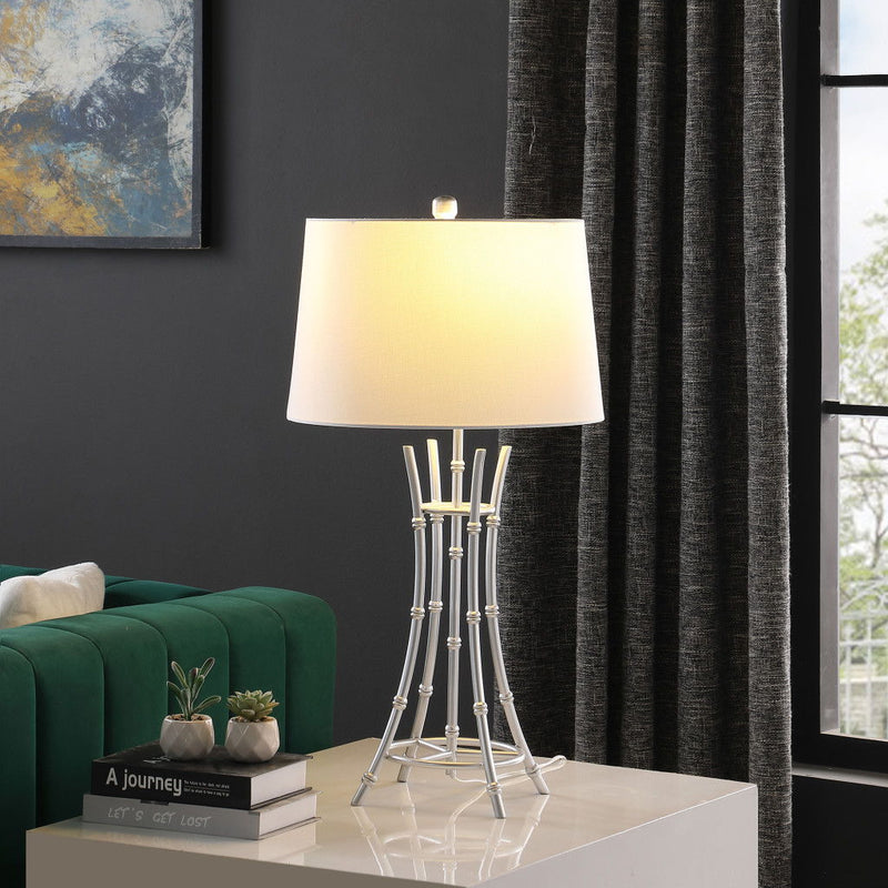 Bamboo Design Table Lamp With Off-White Drum Shade - Silver