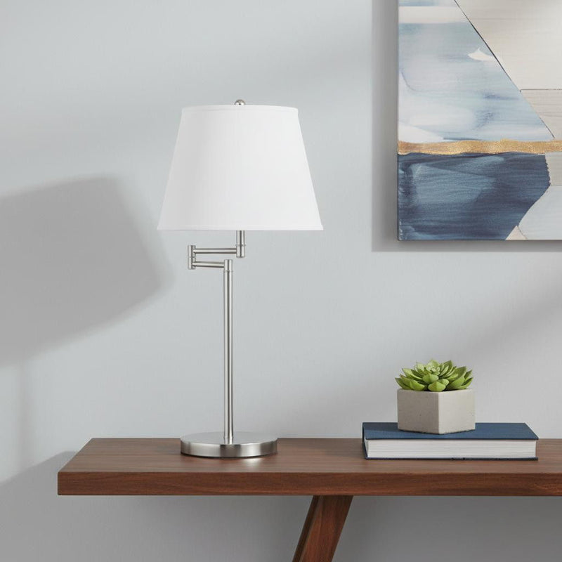 Metal Table Lamp With Off-White Empire Shade - Nickel