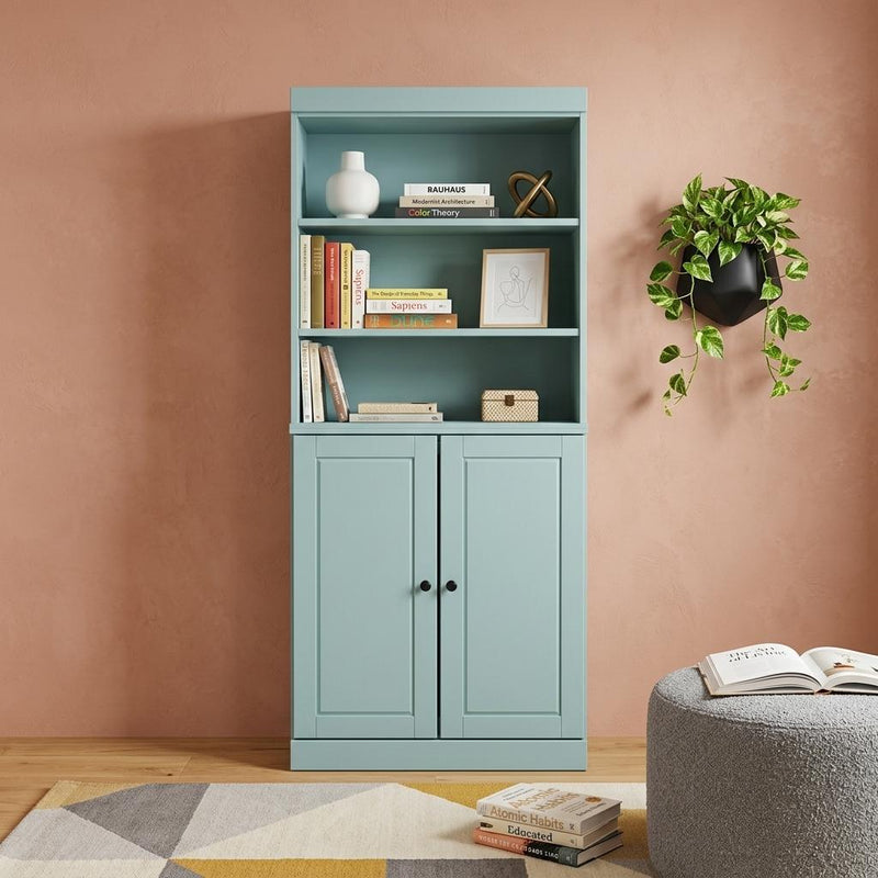 Solid Wood Adjustable Six Tier Library Bookcase With Two Doors (745685) - Aqua