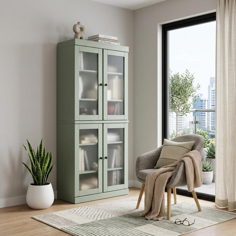 Solid Wood Adjustable Six Tier Library Bookcase With Four Doors (751359) - Sage