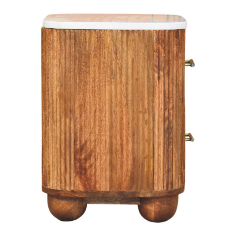 Solid Wood And Marble Ribbed Texture Two Drawer Nightstand - Brown