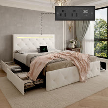 Load image into Gallery viewer, Upholstered Bed Frame With LED Lights, 4 Storage Drawers, Charging Station
