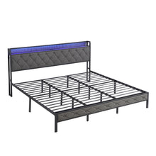 Load image into Gallery viewer, King Bed Frame with Storage Headboard, Charging Station and LED Lights, Upholstered Platform Bed with Heavy Metal Slats, No Box Spring Needed, Noise Free, Easy Assembly, Dark Gray
