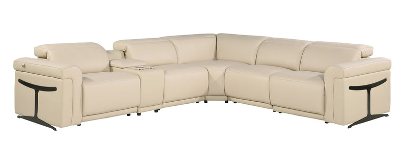 Italian Leather Modular L Shaped Six Piece Corner Sectional With Console - Beige