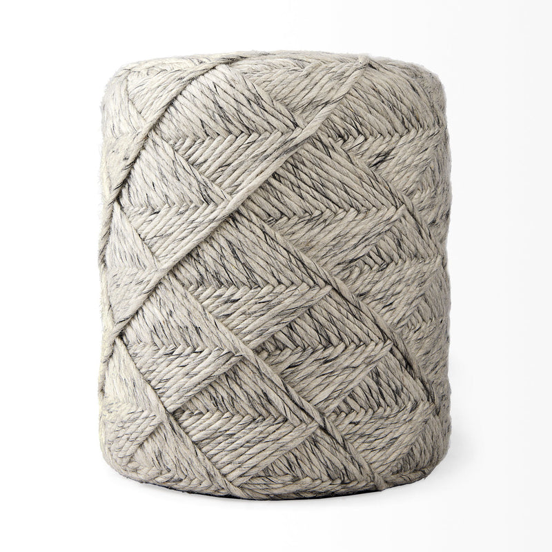 Fabric Geometric Round Pouf Ottoman - Beige / Gray