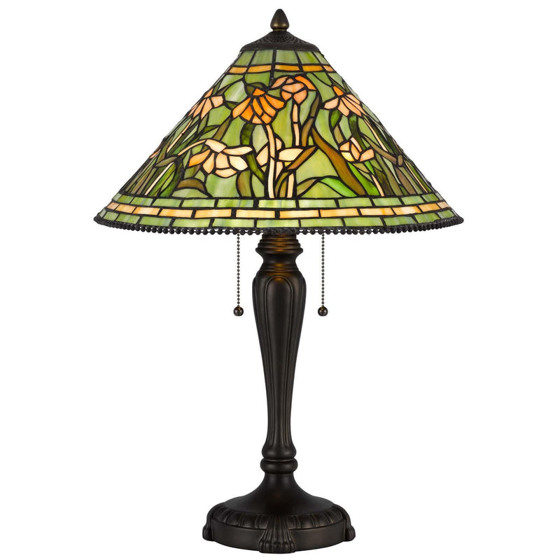 Flowers Two Light Round Tiffany Lamp With Dome Shade - Bronze