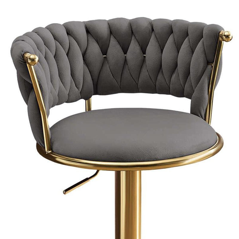 Velvet And Metal Low Back Adjustable Height Swivel Bar Chair - Gray And Gold