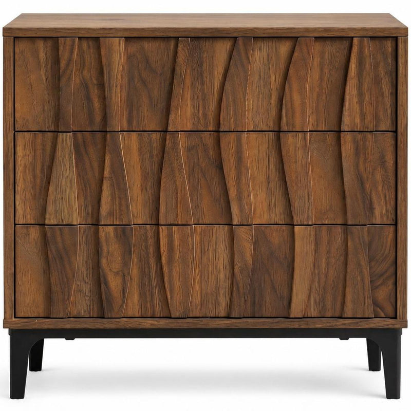 Wood Ribbed Texture Three Drawer Nightstand - Walnut