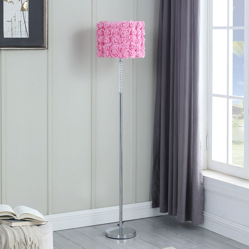 Steel And Acrylic Floor Lamp With Flowers Fabric Drum Shade - Silver Pink