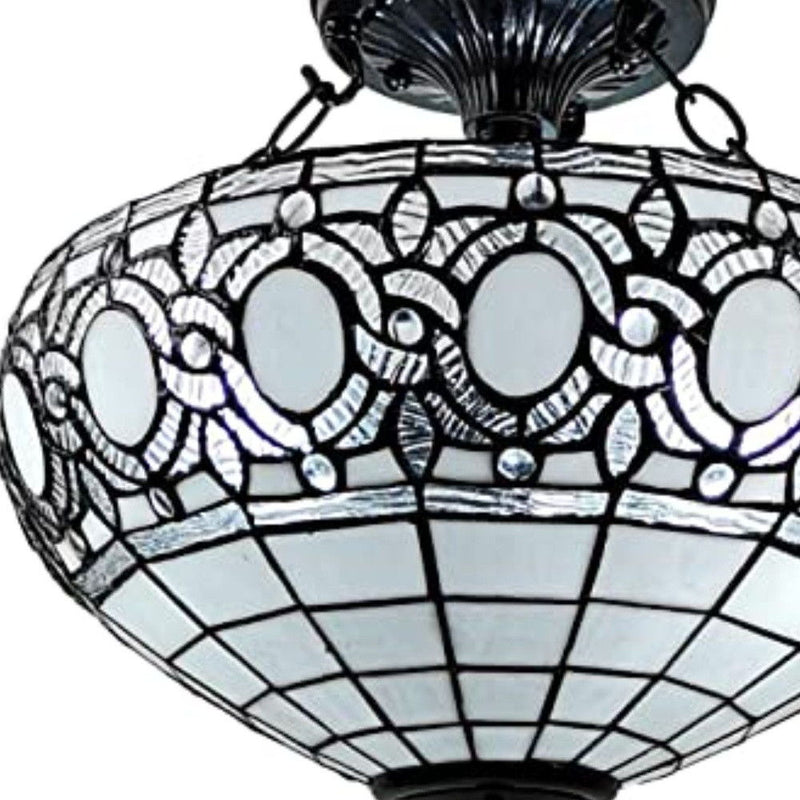 Tiffany Style Two Light Glass Dimmable Semi Flush Ceiling Light - Blue / Black