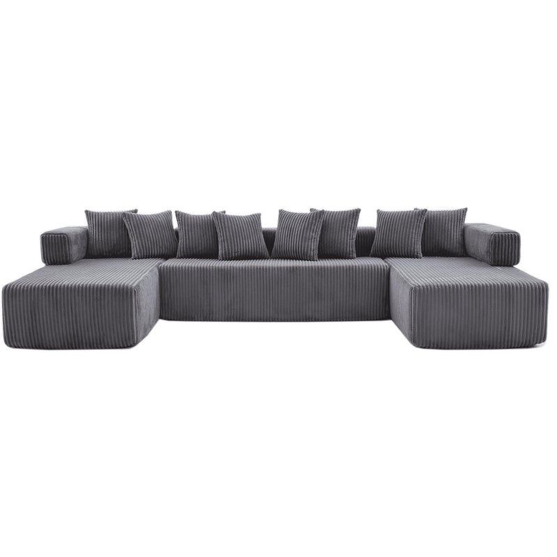 Corduroy Modular U Shaped Three Piece Corner Sectional With Console And Toss Pillows - Dark Gray