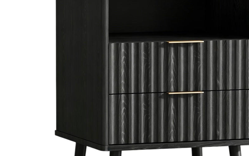 Wood Ribbed Texture Two Drawer Nightstand - Black