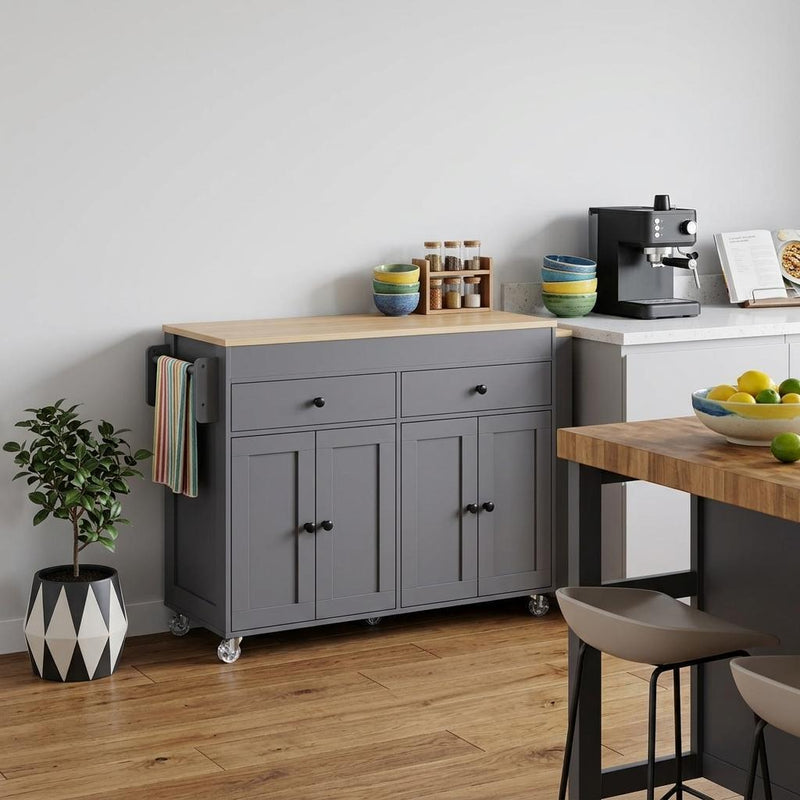 Brown And Wood Flat Door Rolling Kitchen Cart - Gray