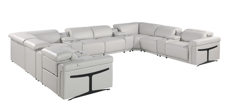 Italian Leather Power Reclining U Shaped Twelve Piece Sectional With Console - Light Gray